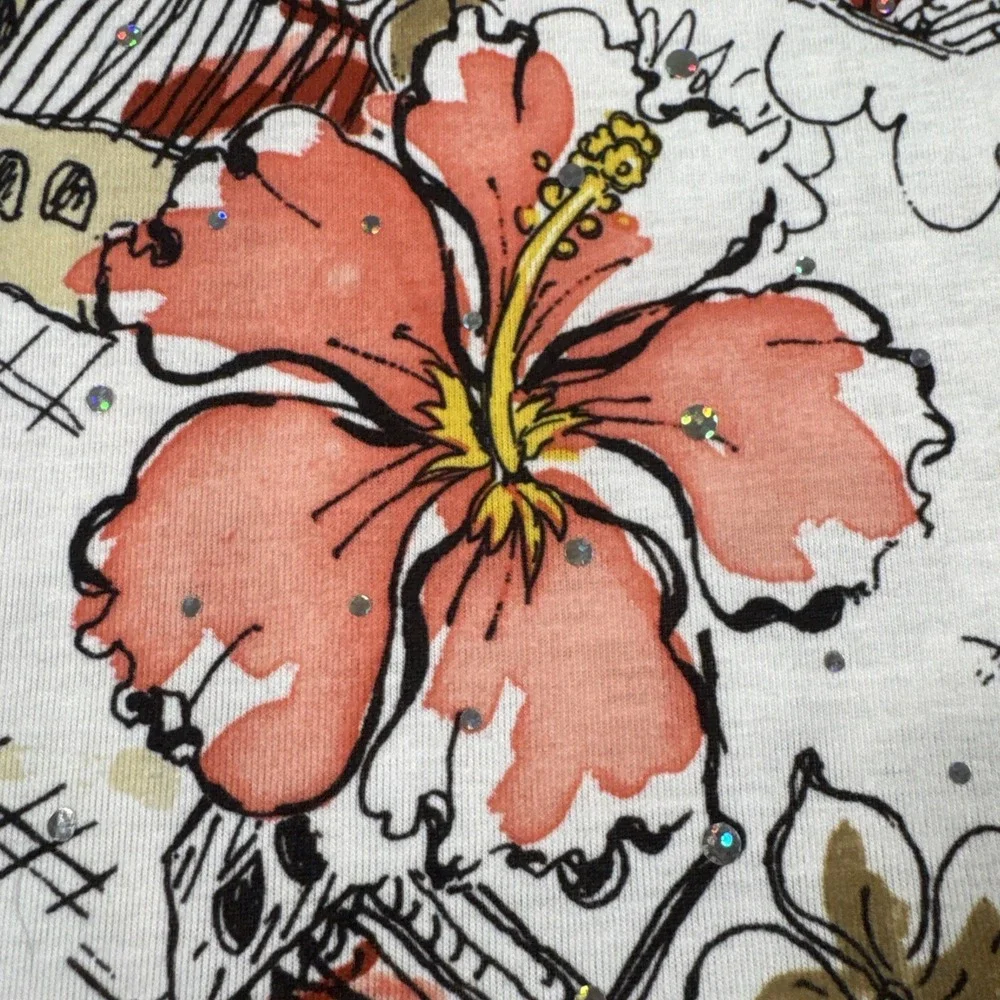 Cathy Daniels L Tropical Hibiscus Print Sparkle Embellished Stretch Top‎ - Picture 7 of 9